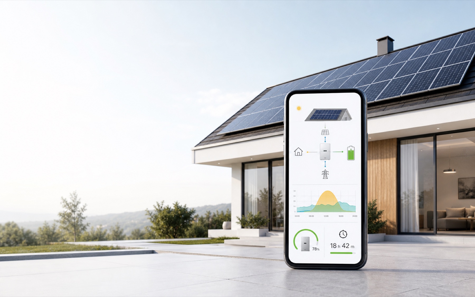 Будинок із сонячними панелями та екран застосунку SunFlow